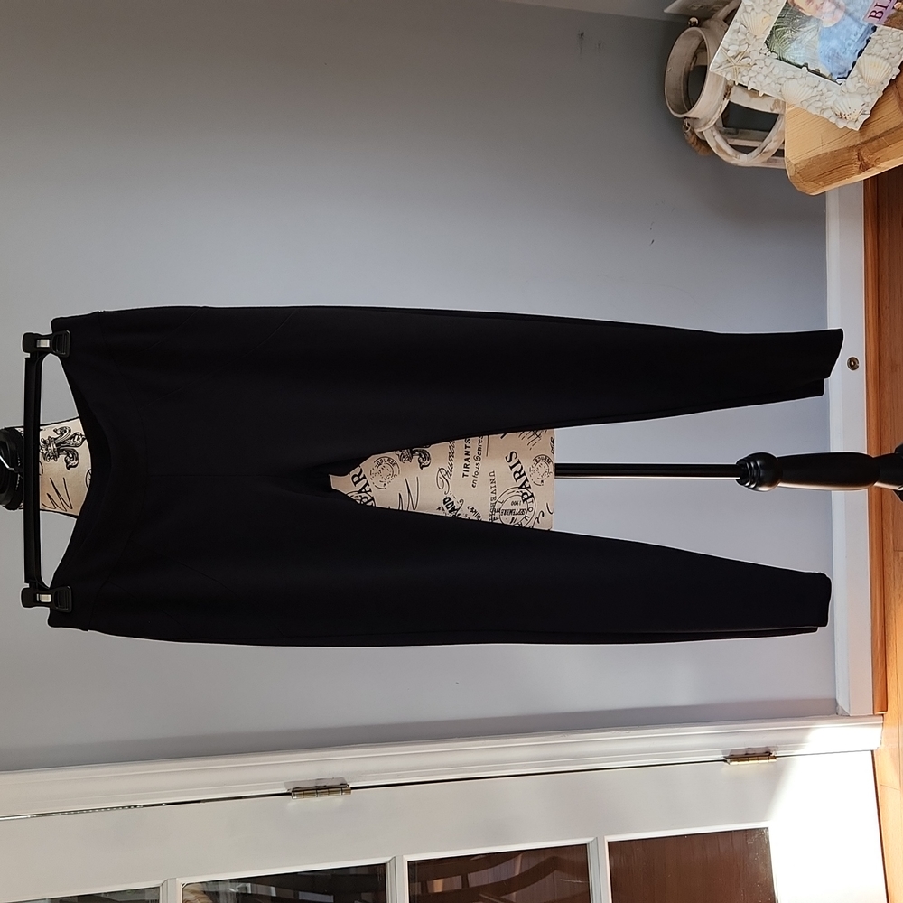 Skinny black stretch pants. Good to wear under long top.
